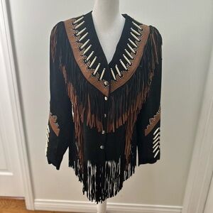Vtg Leather Gallery Black Suede & Leather Jacket Fringe Faux Bone Beads